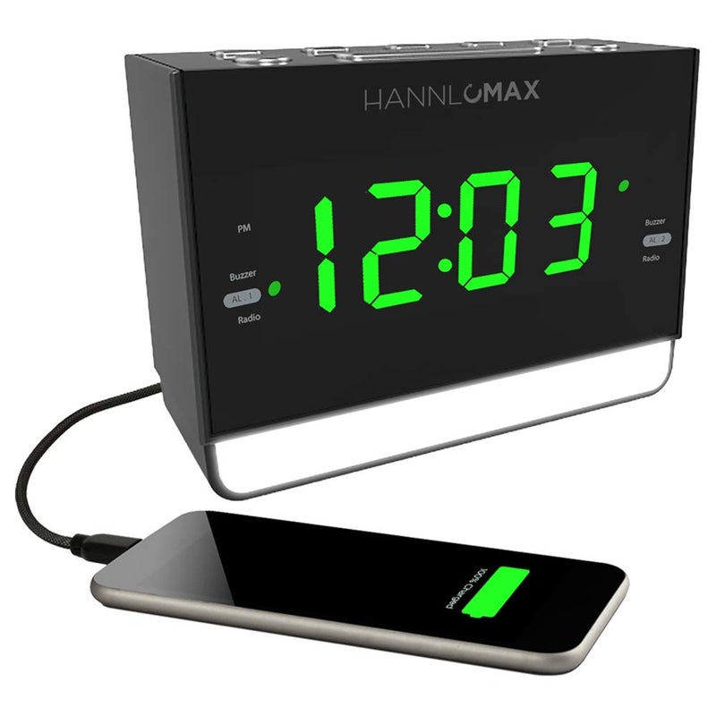 HANNLOMAX HX-128CR Alarm Clock Radio, PLL FM Radio, 1.2 inches Green LED Display, Dual Alarm, 6 Levels Night Light, USB Port for 1A Charging, AC/DC Adaptor Included - Image 1